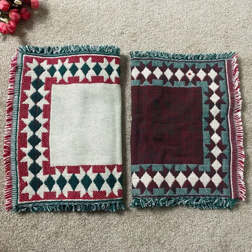 6‎ VTG Woven Decorative Placemats Red Green Geometric Fringe Boho Retro Rustic